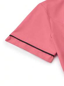 TaskEZ 2pcs Contrast Trim Casual Short Sleeve Top And Solid Color Pants Uniform Set, Scrub Sets - Coral Pink - View 6