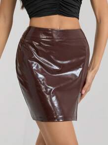 SHEIN Tall High Waist Plain Color Slit Skirt, Office/Commuting Style