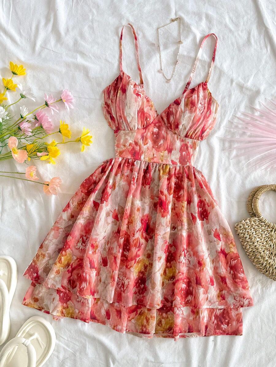 Soleia 女士夏季浪漫粉色花朵印花雪纺褶皱露背双层 A 字迷你连衣裙，适合派对、约会、情人节、下午茶、春季