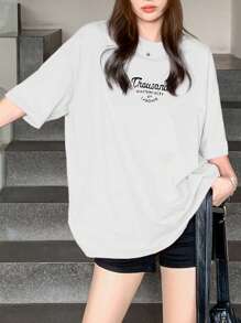 DAZY Ladies' Letter Print Drop Shoulder T-Shirt Summer Oversized T-Shirt - White - View 4