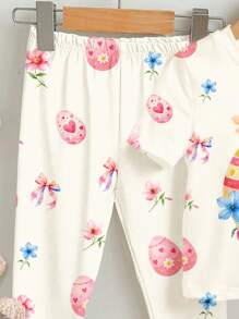 SHEIN Leap Crew 2pcs Young Girl Casual Cute Rabbit & Floral Print Short Sleeve T-Shirt And Skinny Pants Loungewear Set, Suitable For Spring/Summer - Multicolor - View 6