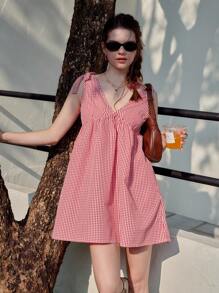 女士春季格子 V 领打结无袖时尚迷你连衣裙