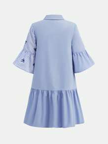 Teen Girls' Long Sleeve Striped Shirt Dress, Minimalist & Fashionable For Summer - Blue - View 2