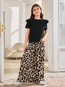 SHEIN Leap Crew Tween 女童优雅组合圆领盖袖 T 恤和阔腿豹纹裤 2 件套