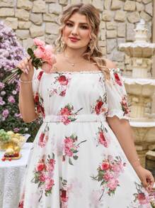 SHEIN VCAY Plus Size Floral Puff-Sleeve Short-Sleeved Dress, Off-Shoulder Dress, Perfect For Vacations, Gardens, Dates, And Carnivals. - Multicolor - View 4