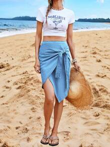 SHEIN VCAY 女士休闲牛仔不对称及膝裙，蓝色裙子夏季度假女士牛仔裙沙滩裙女士海滩度假夏季牛仔裙音乐会女士乡村音乐会沙滩装 - 中等水洗藍 - 查看 6
