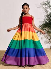 SHEIN Vestido corte A con bloques de color y empalmes para niñas preadolescentes, adecuado para vacaciones de verano y la playa