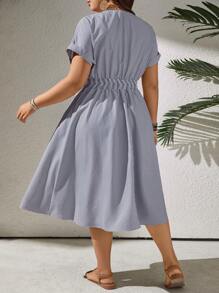 SHEIN LUNE Đầm tay cánh dơi cổ lỗ khóa sọc thường ngày cỡ lớn - Xanh và trắng - Xem 2