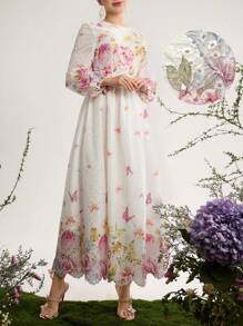 Modelyn Đầm tay loe in họa tiết thêu khoét rỗng eo cho nữ - Nhiều màu - Xem 4