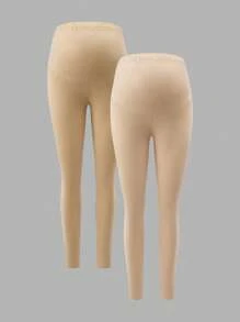 SHEIN Maternity 2 Pieces Set: Summer Urban Leisure Adjustable Elastic Waist Skinny Pants, Black - Khaki - View 10