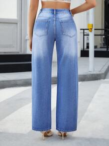 SHEIN Essnce Quần Jeans Ống Thẳng Đính Đinh Tán Thời Trang Thường Ngày Cho Nữ - Rửa trung bình - Xem 2