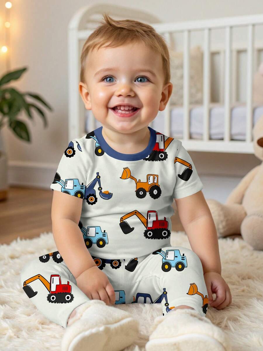 Baby Boy Casual Slim Fit Cartoon Car Print Round Neck Soft Short Sleeve Pajama Set, Snug Fit, Spring/Summer - Multicolor - View 1