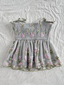 Soleia 波西米亚风、浪漫花卉、度假风、花卉图案7月4日主题服装上衣、度假上衣、串珠上衣、荷叶边上衣、派对上衣、背心、性感7月4日女士露脐上衣、优雅花卉刺绣网纱露背露脐上衣——夏季必备！ - 彩色 - 查看 2