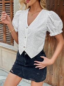 Breezaya Dames V-hals Wit Romantisch Vakantie Strand Casual Boho Reizen Muziek Festival Linnen Borduurwerk Geborduurd Doorschijnend Asymmetrische Zoom Knoop Pendelen Thuis Wit Pofmouw Lente En Zomer Nieuw Schattig Los Blouse Met Korte Mouwen