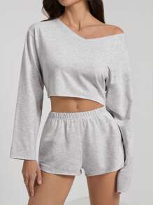 SHEIN Tall Bộ 2 món/Bộ áo dài tay màu trơn và quần short cho nữ, thời trang tối giản cho trang phục thường ngày - Xám - Xem 6