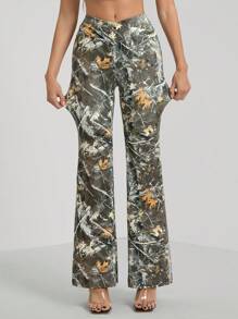 SHEIN Tall Women's Asymmetric Waist Branch Print Flare Leg Pants - Multicolor - View 7