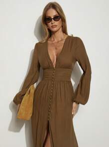 COSMINA Women's Elegant Vacation Long Sleeve High Slit Dress, Brown, Spring/Summer,Country - Brown - View 4