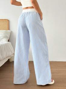 SHEIN EZwear Women's Drawstring Waist Striped Wide Leg Loose Casual Pants, Versatile