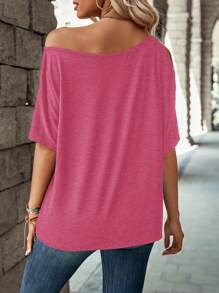 SHEIN LUNE Women Off-Shoulder Casual Loose Solid Color T-Shirt