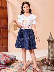 2 件套 Tween Girl 月亮与花朵短袖 T 恤和星星复古印花裙，舒适本地 - 彩色 - 查看 5