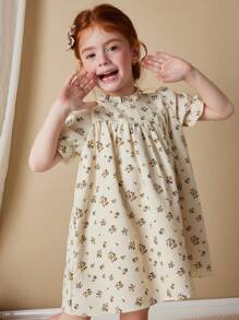 Blossori Vestido elegante para niñas al estilo francés con fondo en color albaricoque, cuello con volantes tejidos en gris y amarillo, para primavera/verano