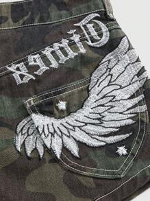 ROMWE Hippie Women's Sexy Street Style Camo Print Wing Embroidery Denim Shorts - Army Green - View 4