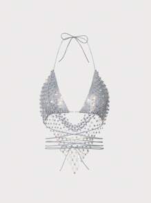 EgrlEra 不对称下摆镶钻性感露背吊带背心 Y2K - 淺灰色 - 查看 5