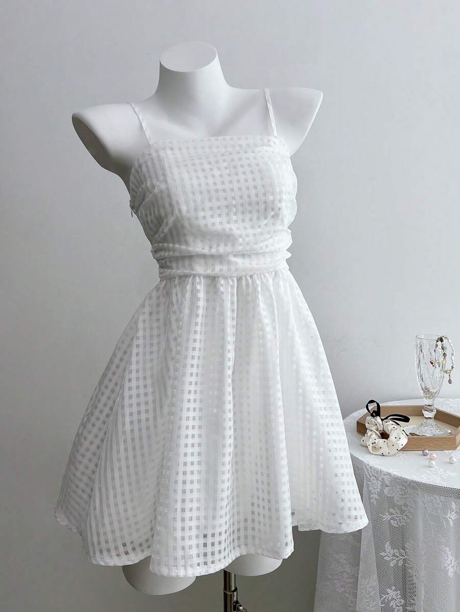 SHEIN Unity Váy trơn màu và họa tiết kẻ caro, Váy tốt nghiệp màu trắng, Mùa hè - trắng - Xem 1