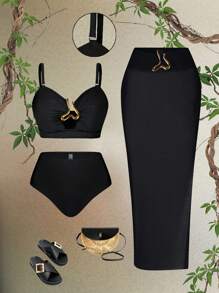 Swim Oasis 3 件/套大码女式 Oasis 高端黑色紧身胸衣上衣，配有可拆卸肩带、金色配饰、高腰裤套装，搭配黑色网眼纱笼，夏日海滩度假 - 黑色 - 查看 1