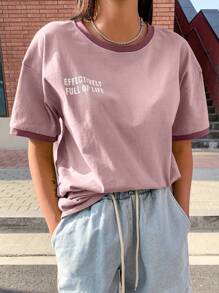 DAZY 标语图案撞色饰边落肩 T 恤，活力十足 - 粉色 - 查看 6