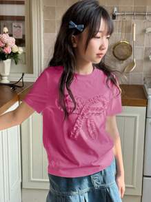 DAZY Tween Girl Round Neck Short Sleeve Knit T-Shirt Summer,Back To School Clothes - Hot Pink - View 3