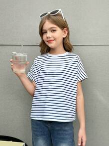 SHEIN Tween Girl Casual Striped Round Neck Blouse - Blue and White - View 3