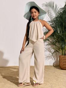 SHEIN Tween 女童度假休闲纯色无袖上衣和阔腿裤套装 - 卡其色 - 查看 3