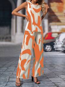 EMERY ROSE 2pcs/Set Women Sleeveless Round Neck Tank Top And Pants, Minimalist Fashion Suitable For Summer