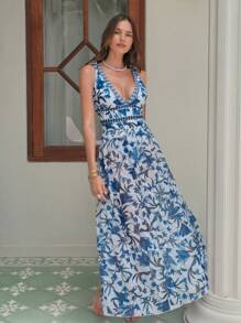 Swim Oasis Traje de baño de una pieza con cuello en V, estampado floral azul, diseño halter y espalda descubierta, con falda transparente. Atuendo de playa de verano de alta gama para mujer