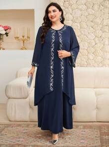 Modelyn 女士加大码水钻装饰长袍和睡袍两件套，优雅 - 藏蓝色 - 查看 6