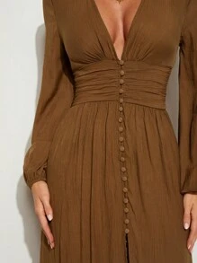 COSMINA Women's Elegant Vacation Long Sleeve High Slit Dress, Brown, Spring/Summer,Country - Brown - View 7