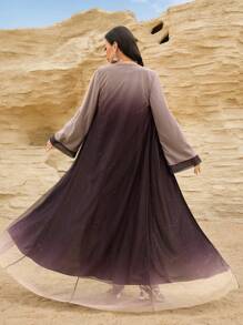 Al Najma 女士长款渐变图案网眼长袍，优雅而浪漫 - 粉色 - 查看 2