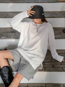 DAZY Solid Drop Shoulder Split Hem Tee,Fall Clothes Long Sleeve Women Tops - White - View 4