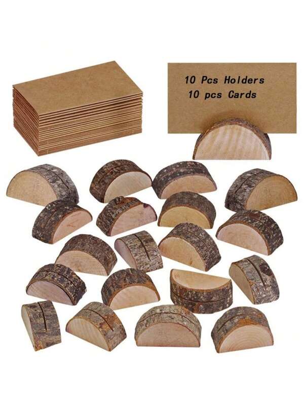 SHEIN Place Card Holders, 10 Pcs Place Rustic Wooden Card Holders Table Number Stands For Name Tags Food Markers Party Wedding Table Name Card Holder Memo Photo Holder Card And 10 Pcs Kraft