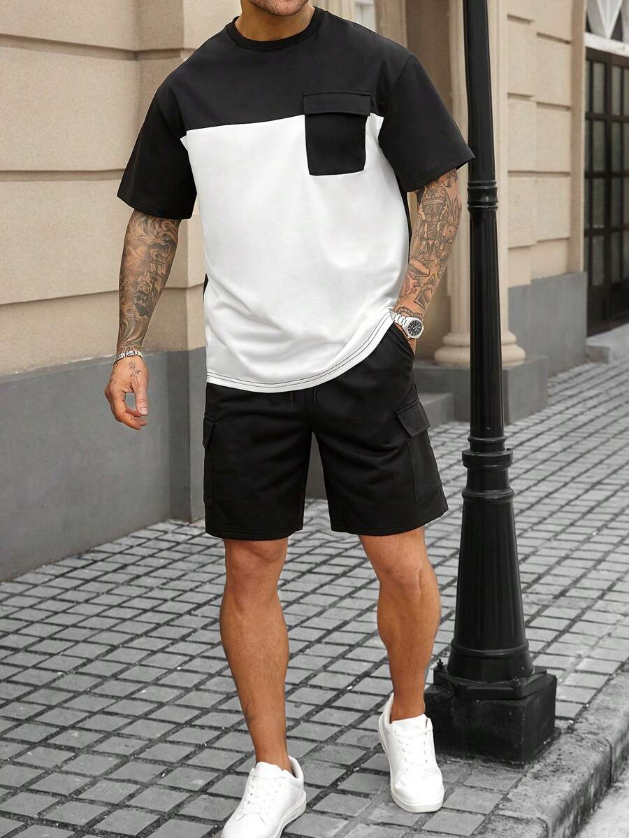 Manfinity CasualCool 男士撞色工装口袋短袖T恤和短裤休闲套装男士夏季衣服男士T恤套装男士T恤休闲男士两件套休闲