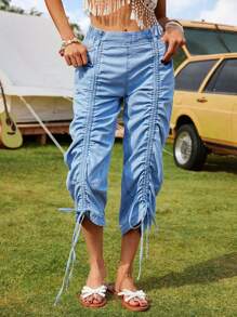 Breezaya Quần jean lửng nữ thiết kế dây rút, kiểu dáng thường ngày, đa năng. - Màu xanh lam - Xem 1