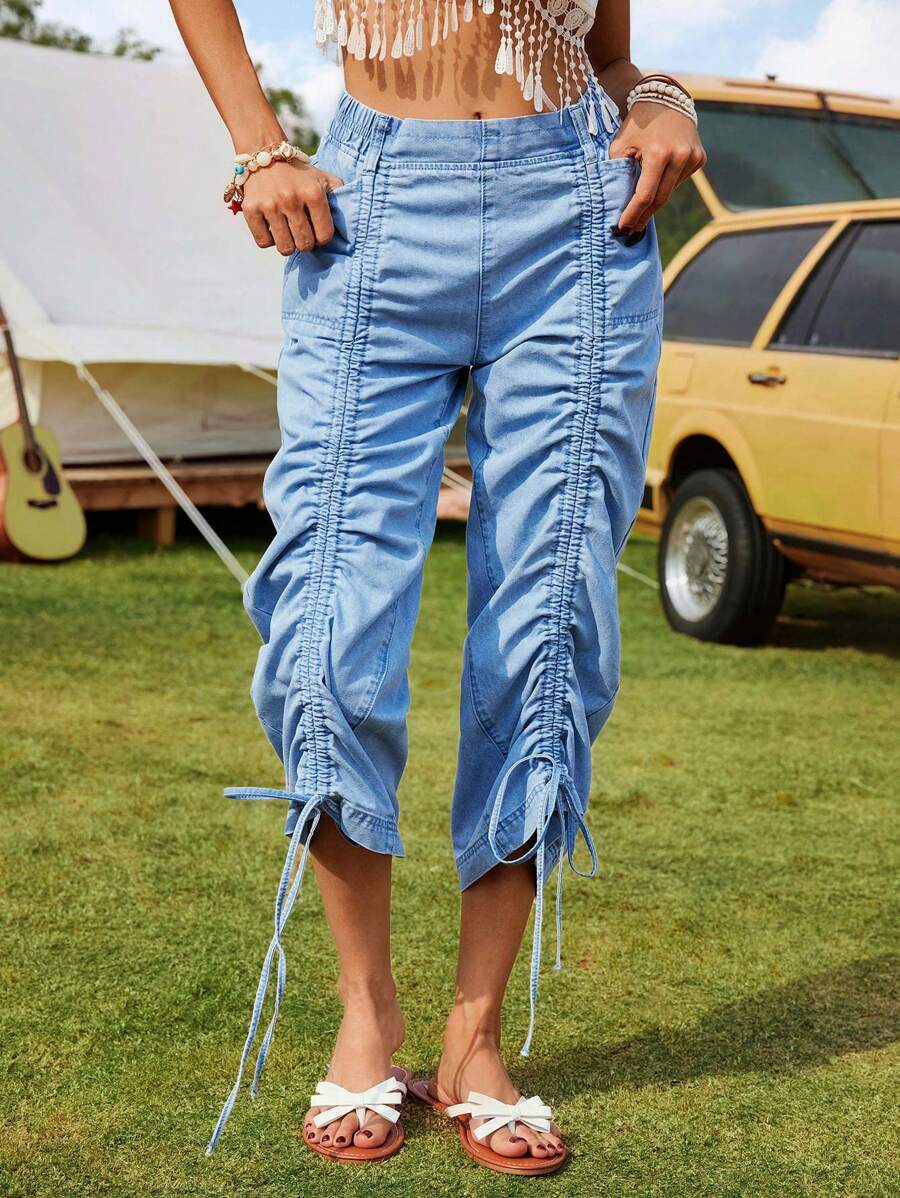 Breezaya Quần jean lửng nữ thiết kế dây rút, kiểu dáng thường ngày, đa năng. - Màu xanh lam - Xem 1
