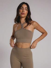 Musera Sport Nahtloser Sculpt Rückenausschnitt Neckholder Gerippter Sportbh Sport Workout Aktiv Gym, Padel, Tennis, Pickleball Gym Fitness - Braun - Übersicht 1