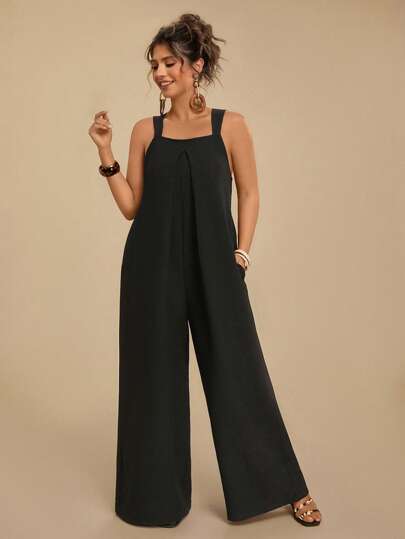 Travachic Plus Size Women Casual Jumpsuit With Adjustable Straps, Bowknot Back Design, Pockets, Loose Fit, Suitable For Summer Holiday