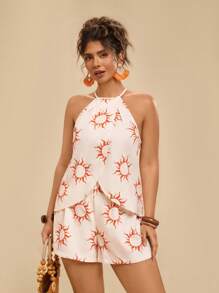 Travachic Plus Size Women 2 Pieces Set: Loose Casual Spaghetti Strap Halterneck Criss-Cross Design Printed Camisole & Beach Shorts, Summer Vacation