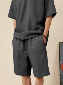 DAZY Men's Solid Color Polo Shirt And Shorts Set, Summer - Dark Grey - View 5