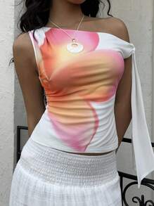 Aloruh Áo lưới in hoa màu hồng hở vai bất đối xứng thanh lịch có thiết kế thắt nơ - Hồng - Xem 4