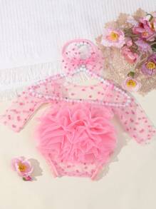 SHEIN Newborn Photography Props - Baby Polka Dot Lace Bodysuit & Bow Headband Set