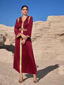 Al Najma Women's Elegant Woven Ribbon Decor Arabic Style Dress - Burgundy - View 7